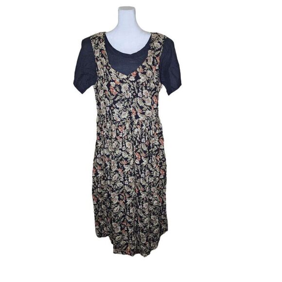 Vintage 90s Pinafore Layered Maxi Dress Womens Size L Black Grunge Floral - Picture 1 of 7
